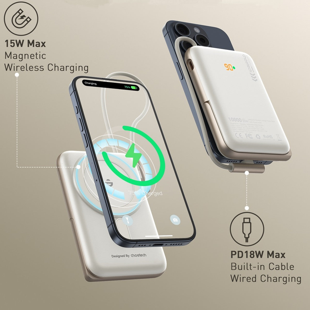 NNEDSZ CHOETECH B735-WH 10000mAh 20W MagLeap Wireless Power Bank White with Phone Holder and Build-in Cable